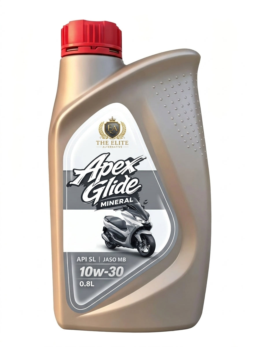 A bottle of The Elite Apex Glide Mineral 10W-30 motorcycle oil, featuring a metallic gold-gray bottle with a red cap and a white label showing a scooter graphic.