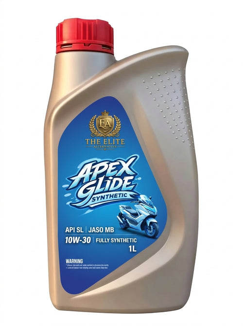 A 1-liter bottle of The Elite Apex Glide Synthetic motorcycle oil, featuring a metallic silver-gray bottle body, a red cap, and a blue label with a motorcycle graphic.