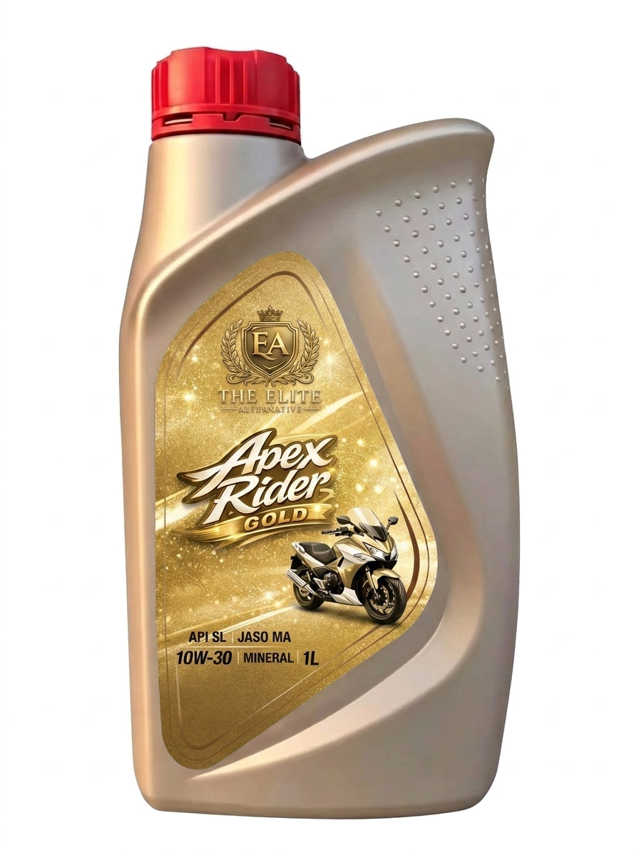 A 1-liter bottle of Apex Rider Gold motorcycle oil by FA Mas Oil, featuring a metallic gold body, a red cap, and a gold label with a motorcycle graphic.
