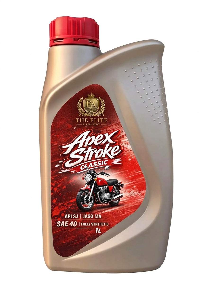 A 1-liter bottle of Apex Stroke Classic SAE 40 fully synthetic motorcycle oil by The Elite Engine Protection, featuring a metallic gold body, a red cap, and a red and black label with a motorcycle graphic.