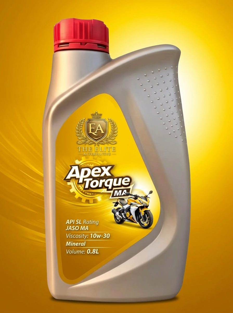 A 0.8L bottle of Apex Torque MA 10w-30 mineral motorcycle oil by The Elite Brand, featuring a metallic silver-gray bottle, a red cap, and a yellow label with a motorcycle graphic, set against a bright yellow gradient background.