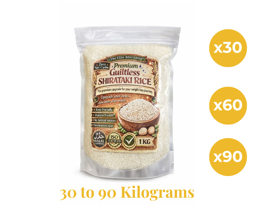 Shrataki rice package with nutritional information and weight range on a white background