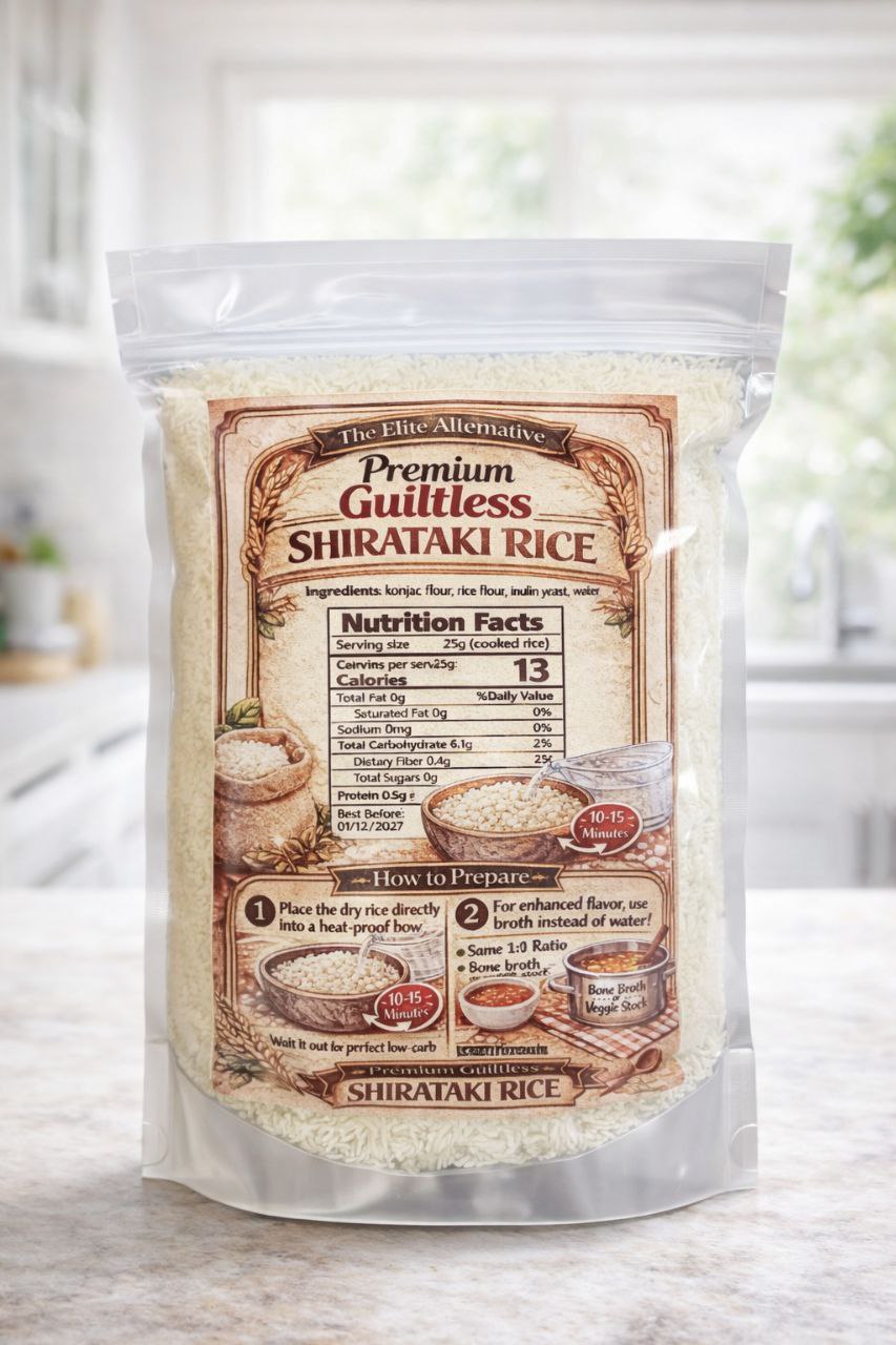 Package of Premium Guiltless Shirataki Rice with nutritional information on a blurred kitchen background