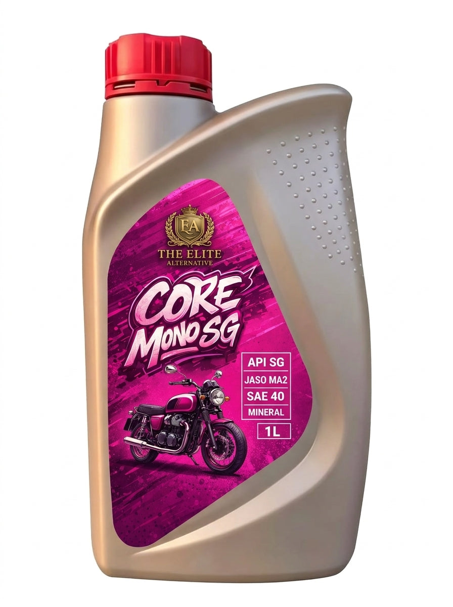 A 1-liter bottle of The Elite Motorcycle Core Mono SG oil, featuring a metallic gold body, a red cap, and a vibrant magenta label with a motorcycle graphic.