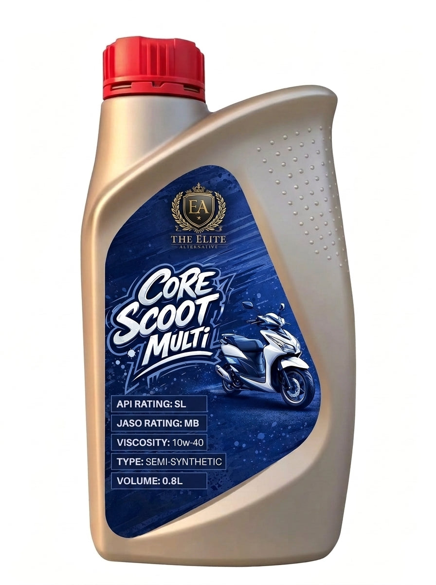 A 0.8L bottle of The Elite Core Scoot Multi semi-synthetic motorcycle oil with a metallic gold body, a red cap, and a blue label featuring a scooter graphic.
