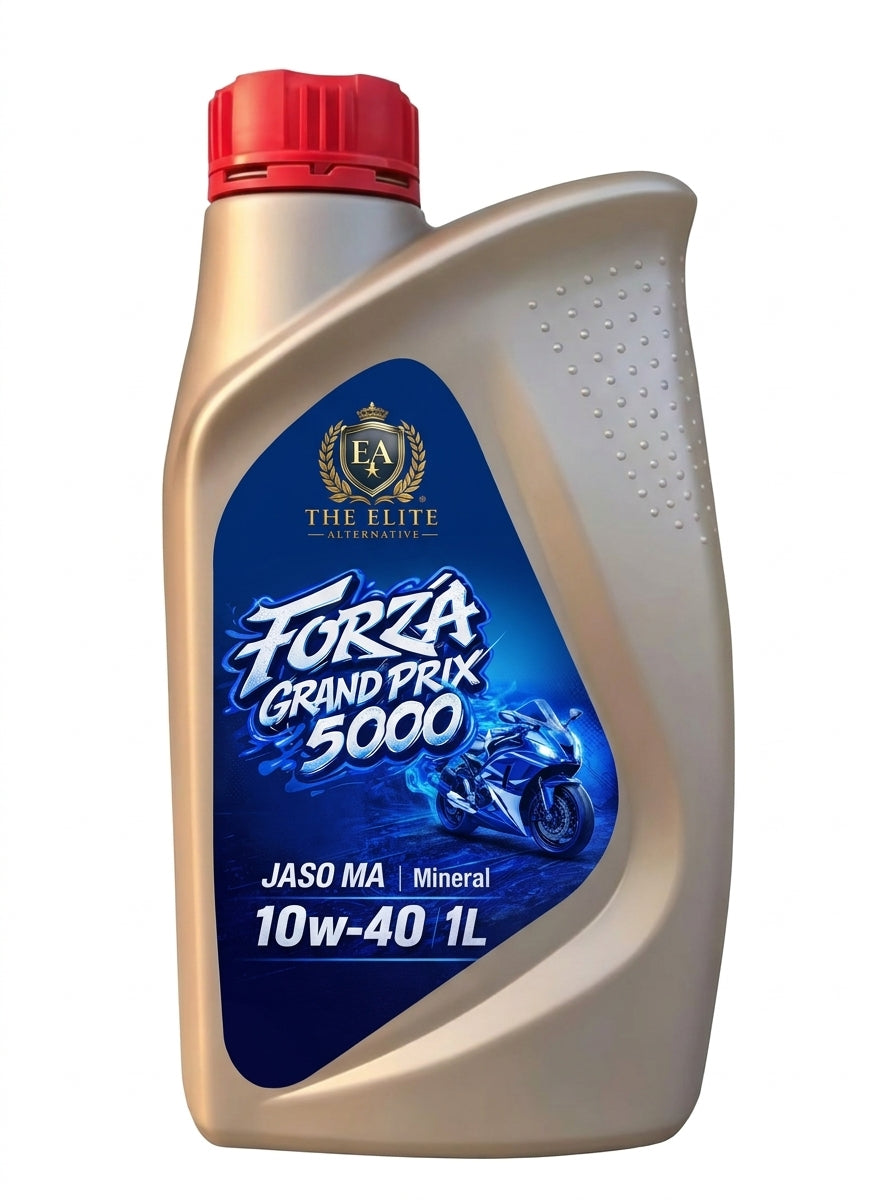 A 1-liter bottle of JASO MA Mineral motorcycle oil, specifically Forza Grand Prix 5000, featuring a metallic gold body, a red cap, and a blue and white label with a motorcycle graphic.