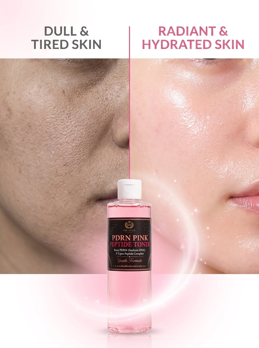 The Elite Alternative PDRN Pink Peptide Toner with Rose PDRN (Sodium DNA) and 5 Types Peptide Complex for hydrating, soothing, and revitalizing facial skin.