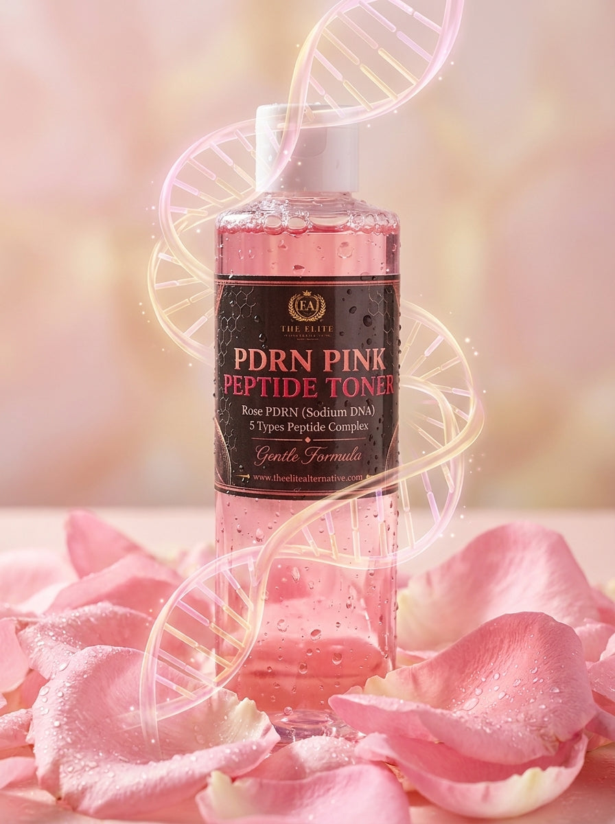 The Elite Alternative PDRN Pink Peptide Toner with Rose PDRN (Sodium DNA) and 5 Types Peptide Complex for hydrating, soothing, and revitalizing facial skin.