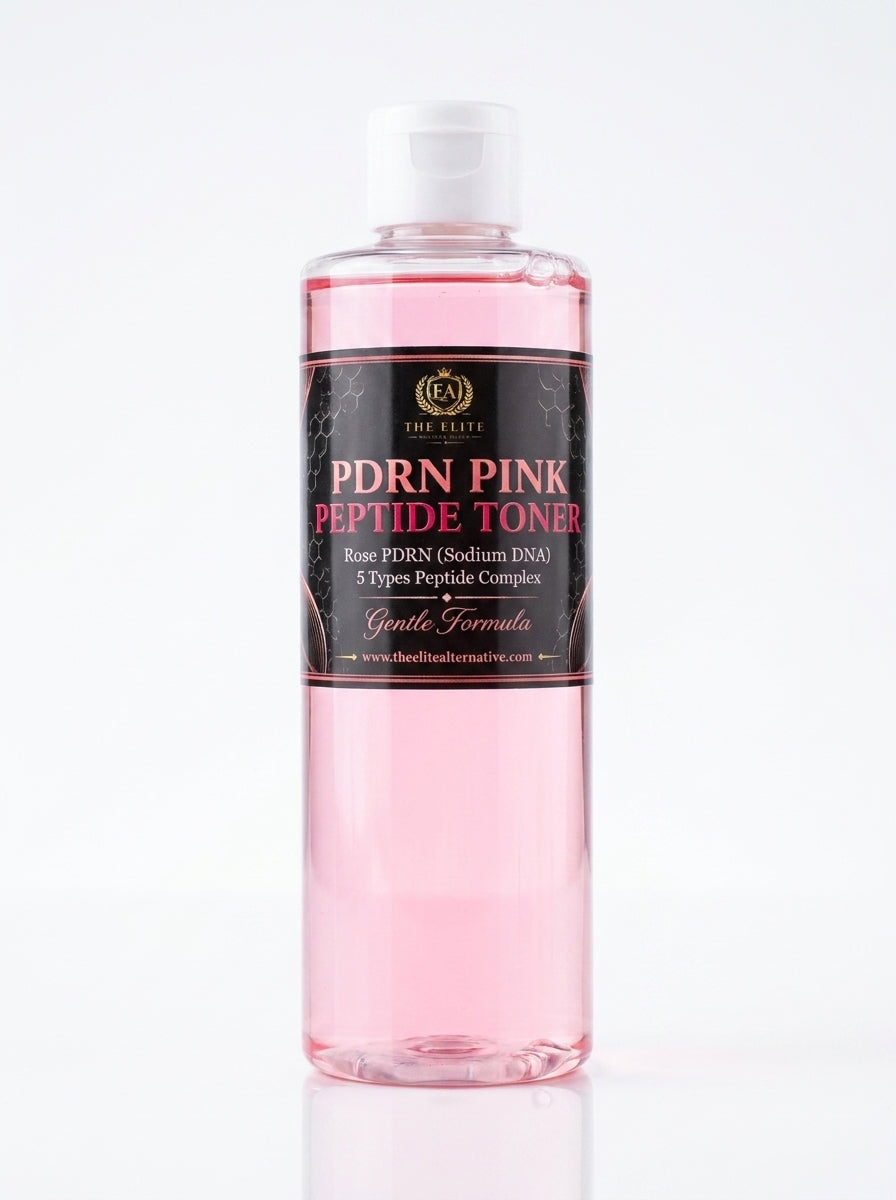The Elite Alternative PDRN Pink Peptide Toner with Rose PDRN (Sodium DNA) and 5 Types Peptide Complex for hydrating, soothing, and revitalizing facial skin.