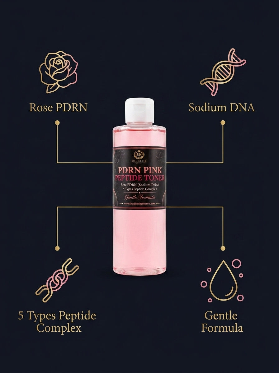 The Elite Alternative PDRN Pink Peptide Toner with Rose PDRN (Sodium DNA) and 5 Types Peptide Complex for hydrating, soothing, and revitalizing facial skin.