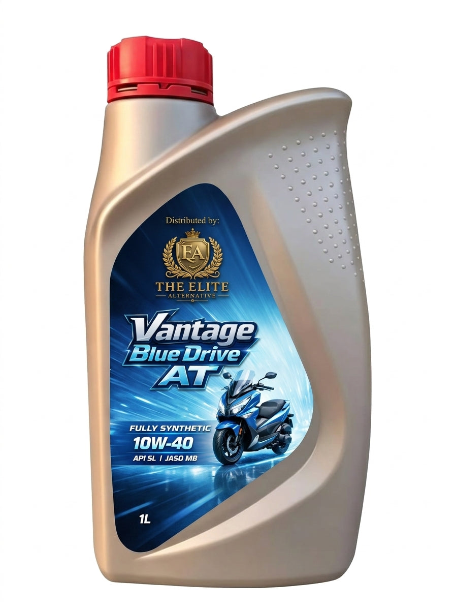 A 1-liter bottle of Vantage Blue Drive AT fully synthetic motorcycle oil, featuring a metallic beige body, a red cap, and a blue and black label with a scooter graphic.
